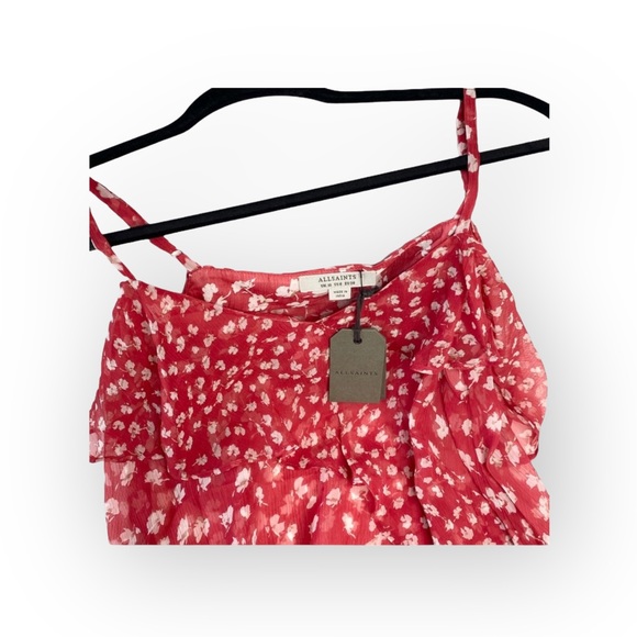new Allsaints ꕥ Off Shoulder Ruffled Silk Floral Print Top ꕥ Red ꕥ Wear 2 Ways - Picture 10 of 16